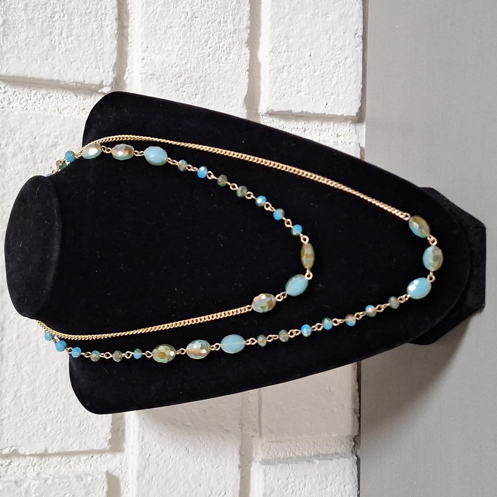 Elegant Long Blue and Gold Beaded Necklace.